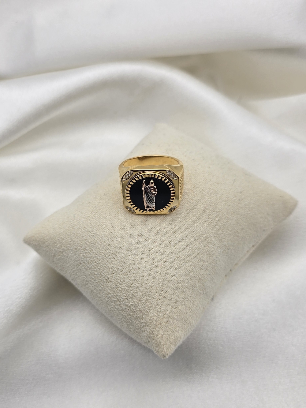 Gold Over Sterling Silver 925 Onyx  & Moissanite Saint Ring